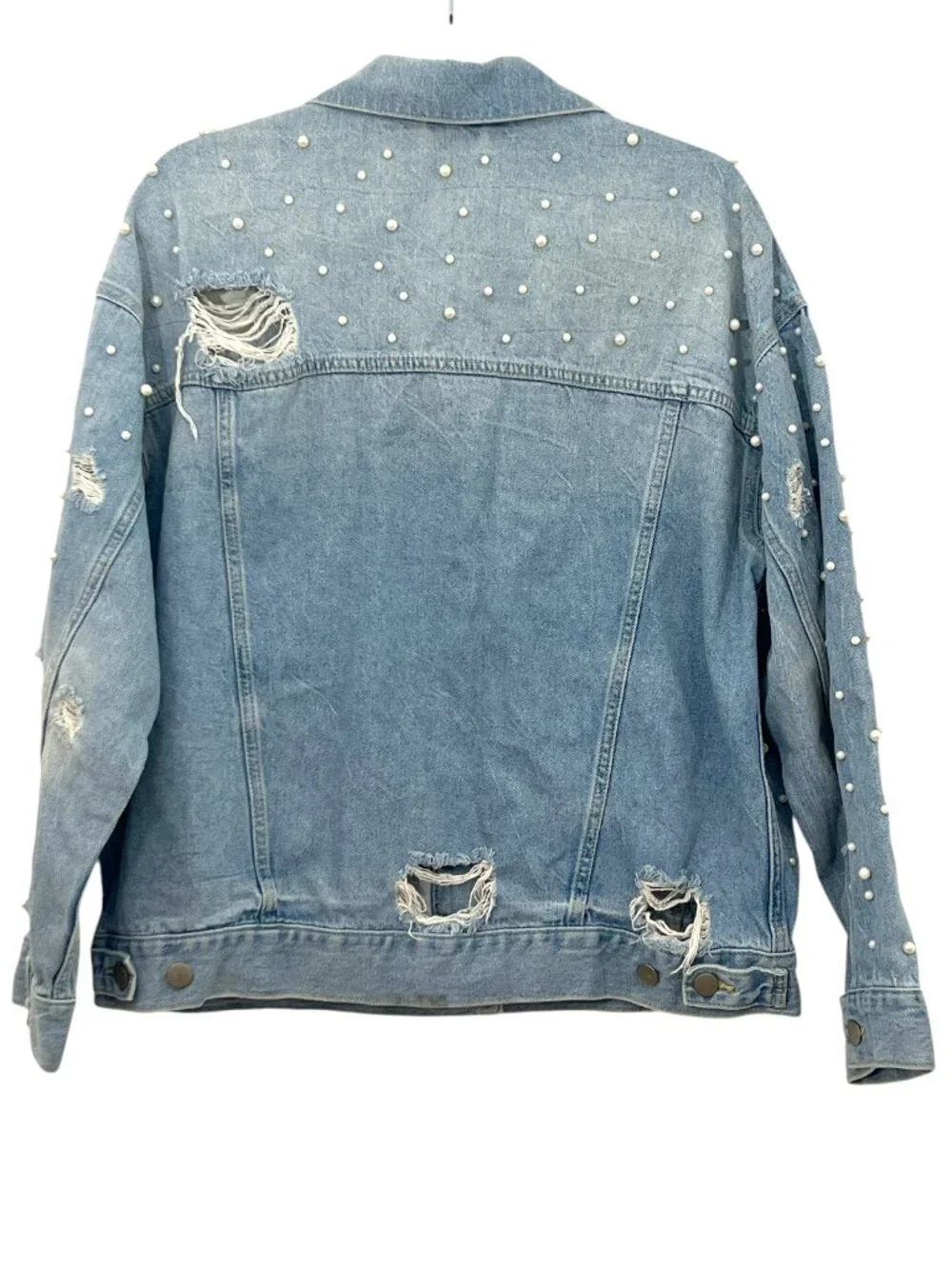 Free People Sunday Funday Pearl Distressed Denim Trucker Jacket Small Pre-Loved - Picture 5 of 7